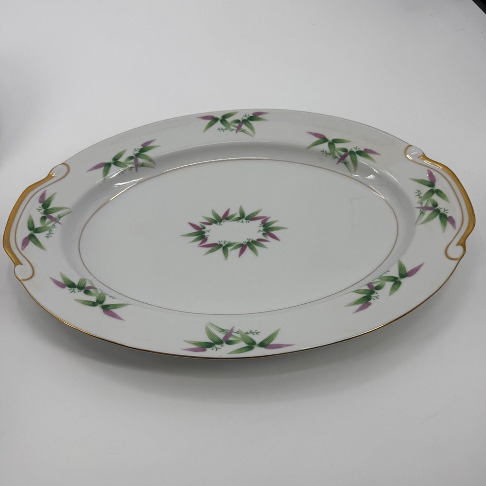 Harmony House Mandarin Oval Serving Platter Bamboo 16" White Gold Trim Vintage